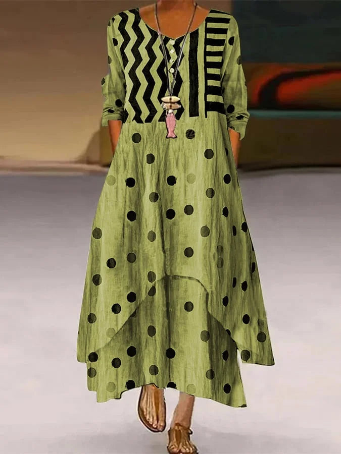 Rosemarie Braun Polka Dot Zigzag Langarm Maxikleid für Damen | Fliessend Bequem | Alltag und Reisen - S-2XL