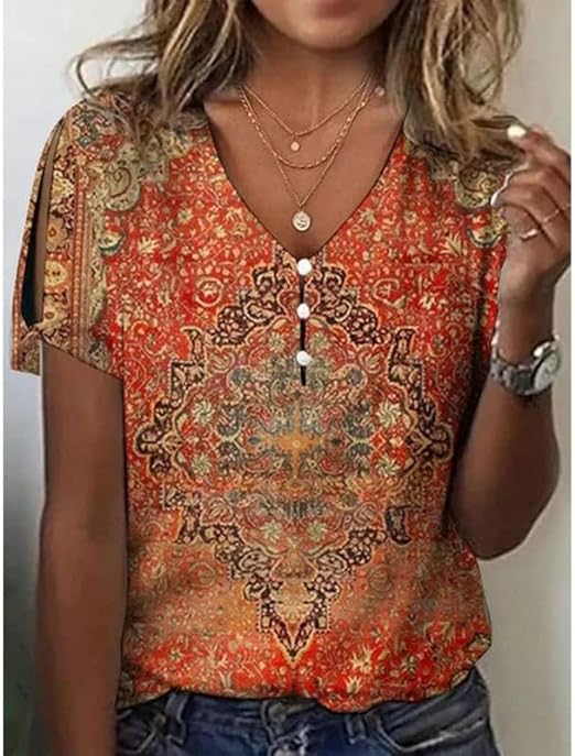 Rosemarie Rot Boho-Bluse mit V-Ausschnitt und Glockenärmeln für Damen | Leichte feminine Passform | Alltag & Reisen | Ornamentprint - S-5XL