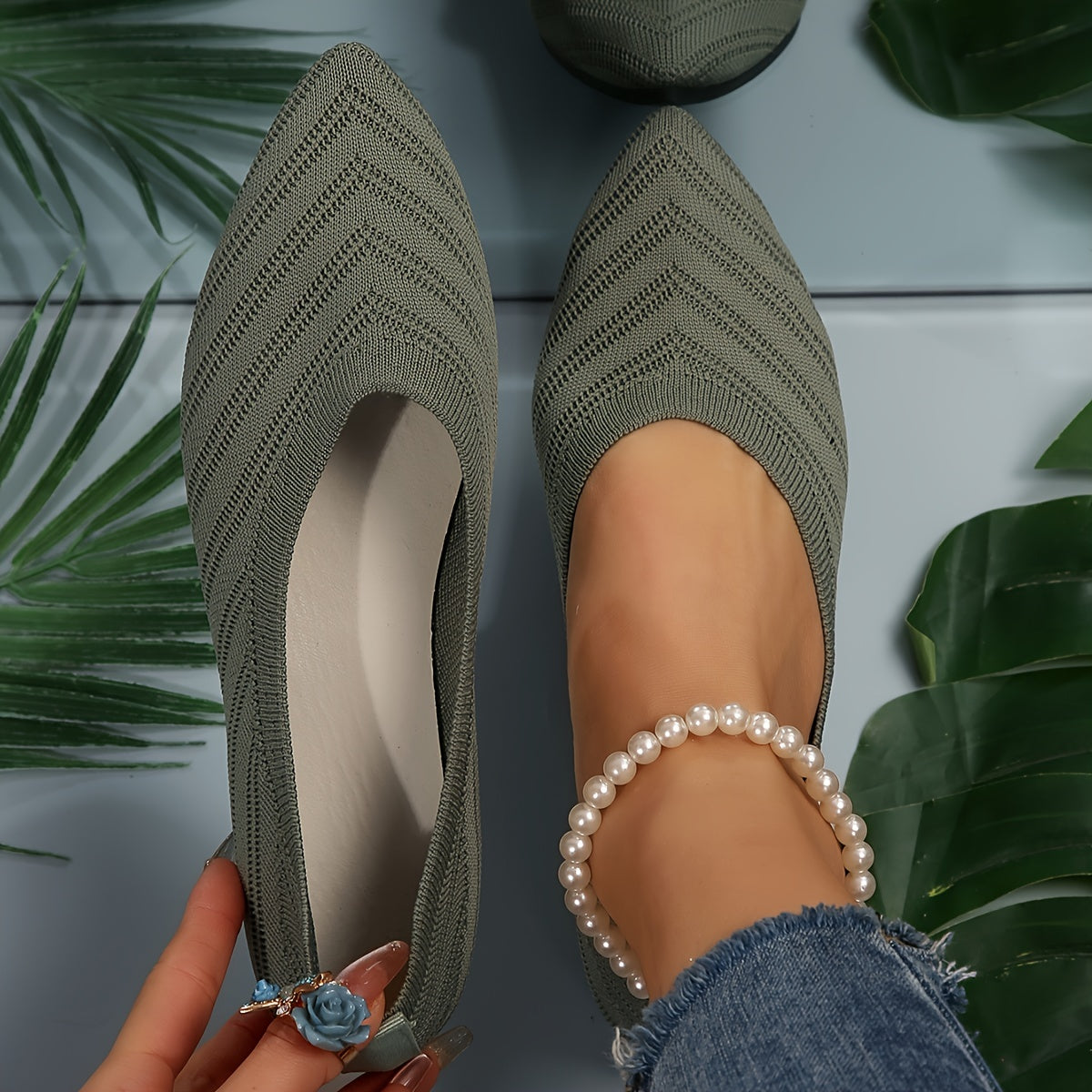 Nadine Aprikose Gestrickte Spitzschuh Flats für Damen | Leichter Slip-On Komfort | Alltag und Büro - 35/36/37/38/39/40/41/42/43