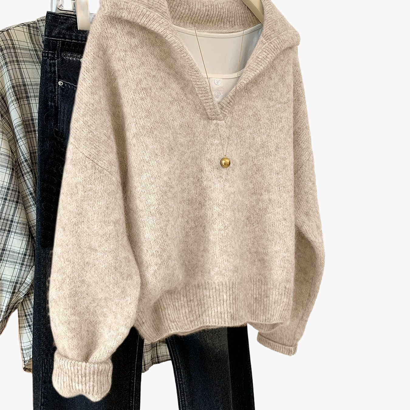 Verena Grau Oversized Strickpullover mit V-Ausschnitt und Kragen für Damen | Vintage Casual Herbst - S/M/L/XL/2XL