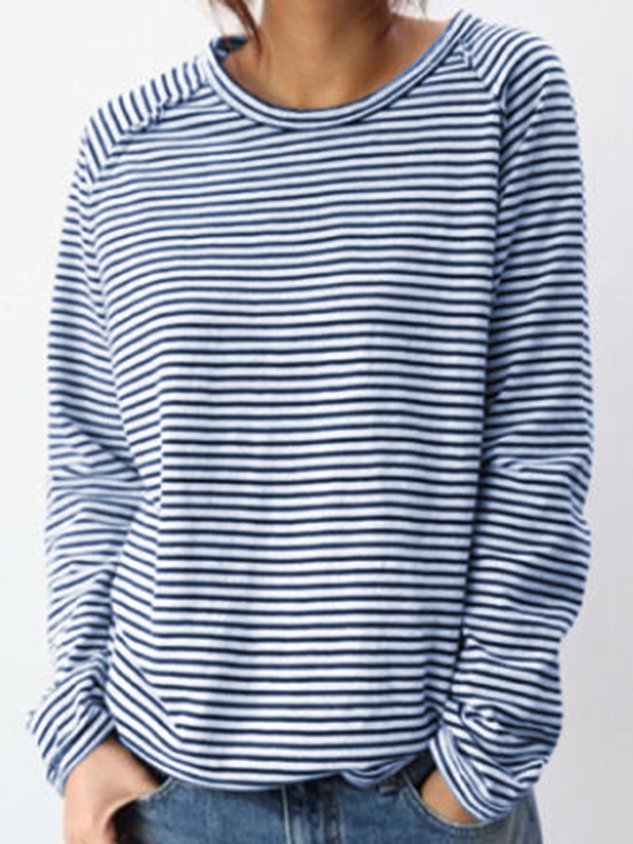 Monika Weiß Gestreiftes Rundhals Langarm-Top für Damen | Lockere Passform Lässiger Stil | Alltag & Freizeit - S/M