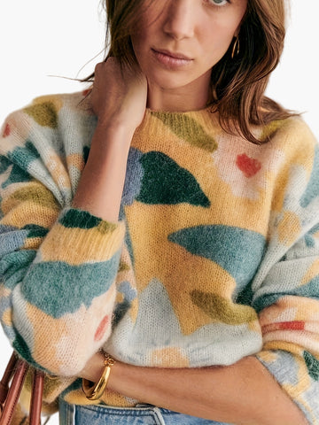 Margret Mehrfarbig Geblümter Strickpullover für Damen | Abstraktes Muster Herbst Winter Casual - S/M/L/XL