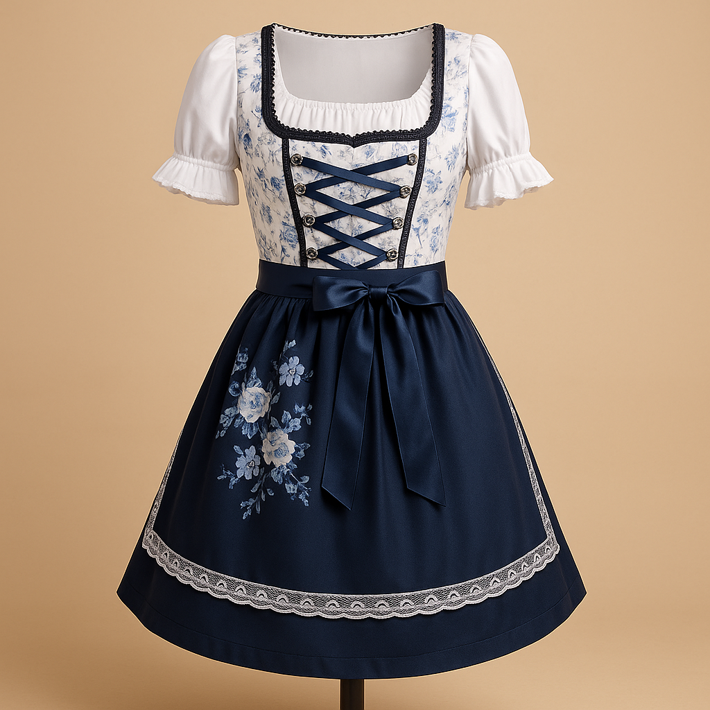 Gertrude Blau Geblümtes Dirndl mit Schürze für Damen | Oktoberfest Trachtenkleid Spitzenbesatz - S/M/L/XL