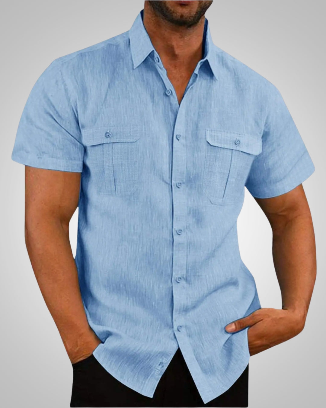 Beat Hellblau Leinenoptik Kurzarm-Hemd mit Brusttaschen für Herren | Casual Relaxed Fit - M/L/XL/2XL/3XL/4XL/5XL