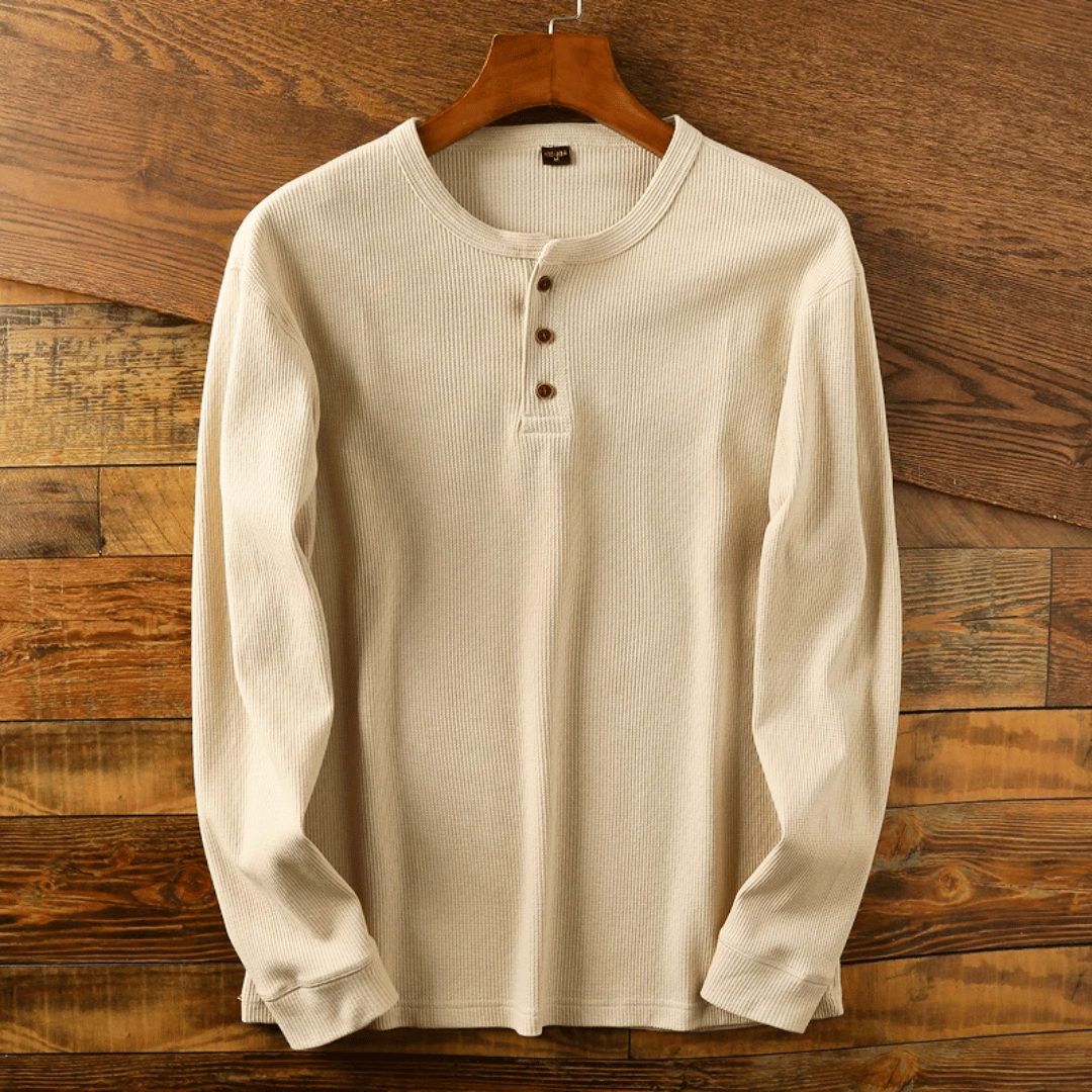 Werner Grau Geripptes Langarm-Henley-Shirt für Herren | Entspannter Komfort | Alltag & Freizeit - S/M/L/XL/2XL