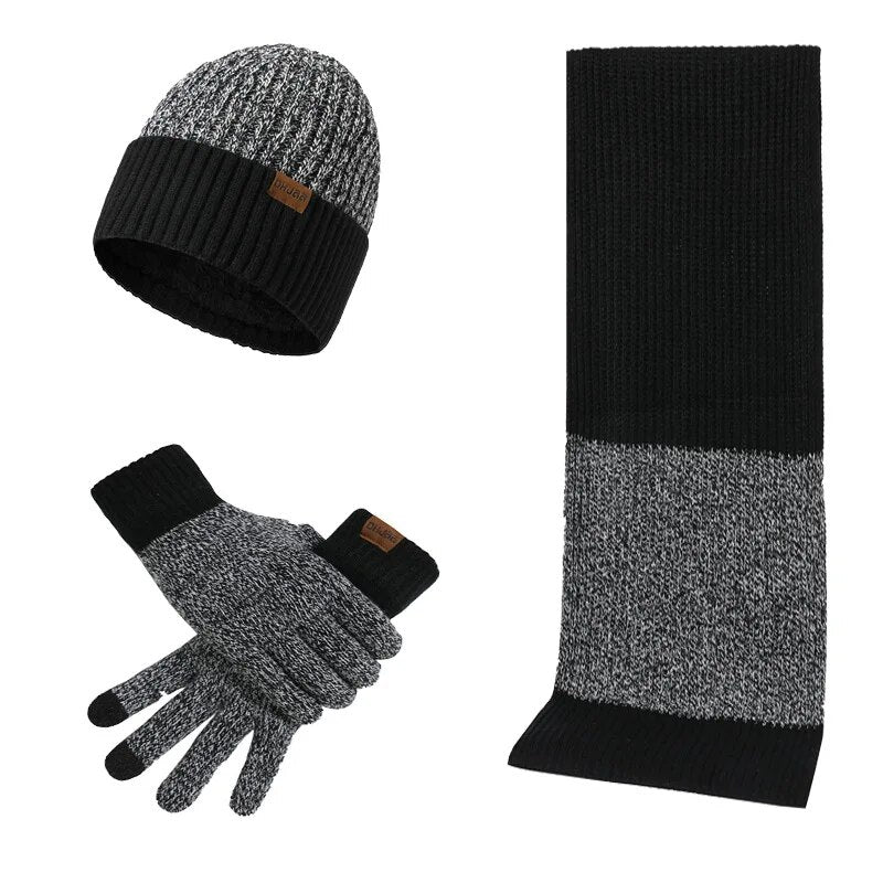 Werner Bordeaux Gestricktes Winter-Set Mütze Schal Handschuhe für Herren | Kontraststreifen Casual - Einheitsgrösse