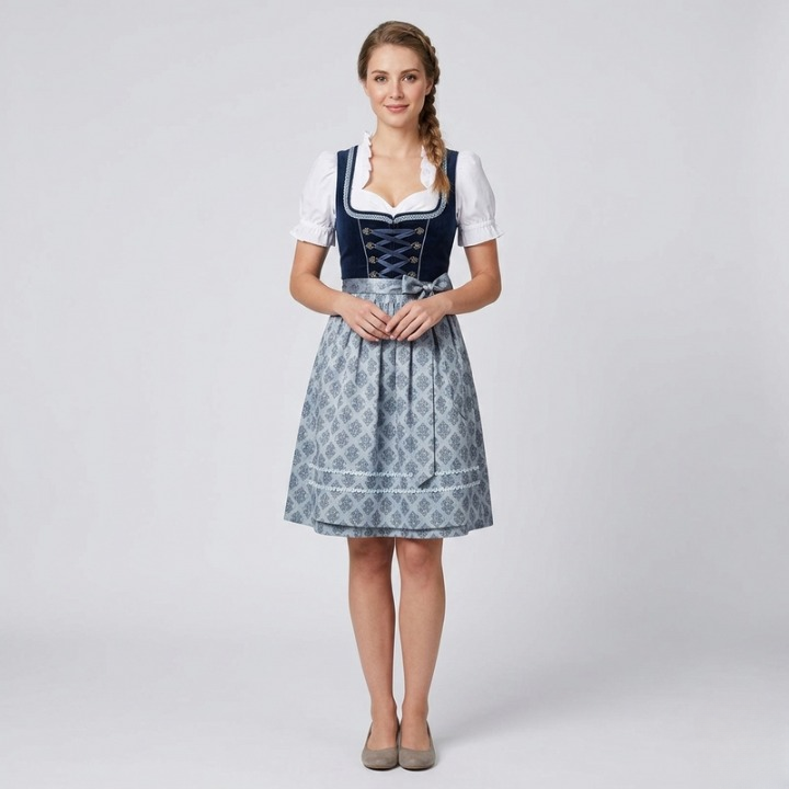 Lotte Dunkelblau Figurbetontes Dirndl mit Rüschenbluse für Damen | Trachtenkleid Oktoberfest Festlich - XS/S/M/L/XL/2XL/3XL/4XL