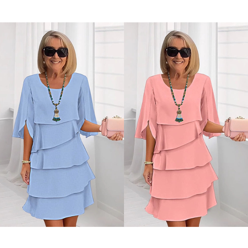 Monika Blau Gestuftes Rüschen-Kleid mit Flutter-Ärmeln für Damen | Leicht Fliessend | Alltag & Events - S/M/L/XL/2XL/3XL