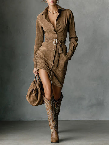 Monika Braun Belted Suede-Look Midi Dress for Women | Figurbetonend Elegant | Herbst Winter - XS/S/M/L/XL/2XL
