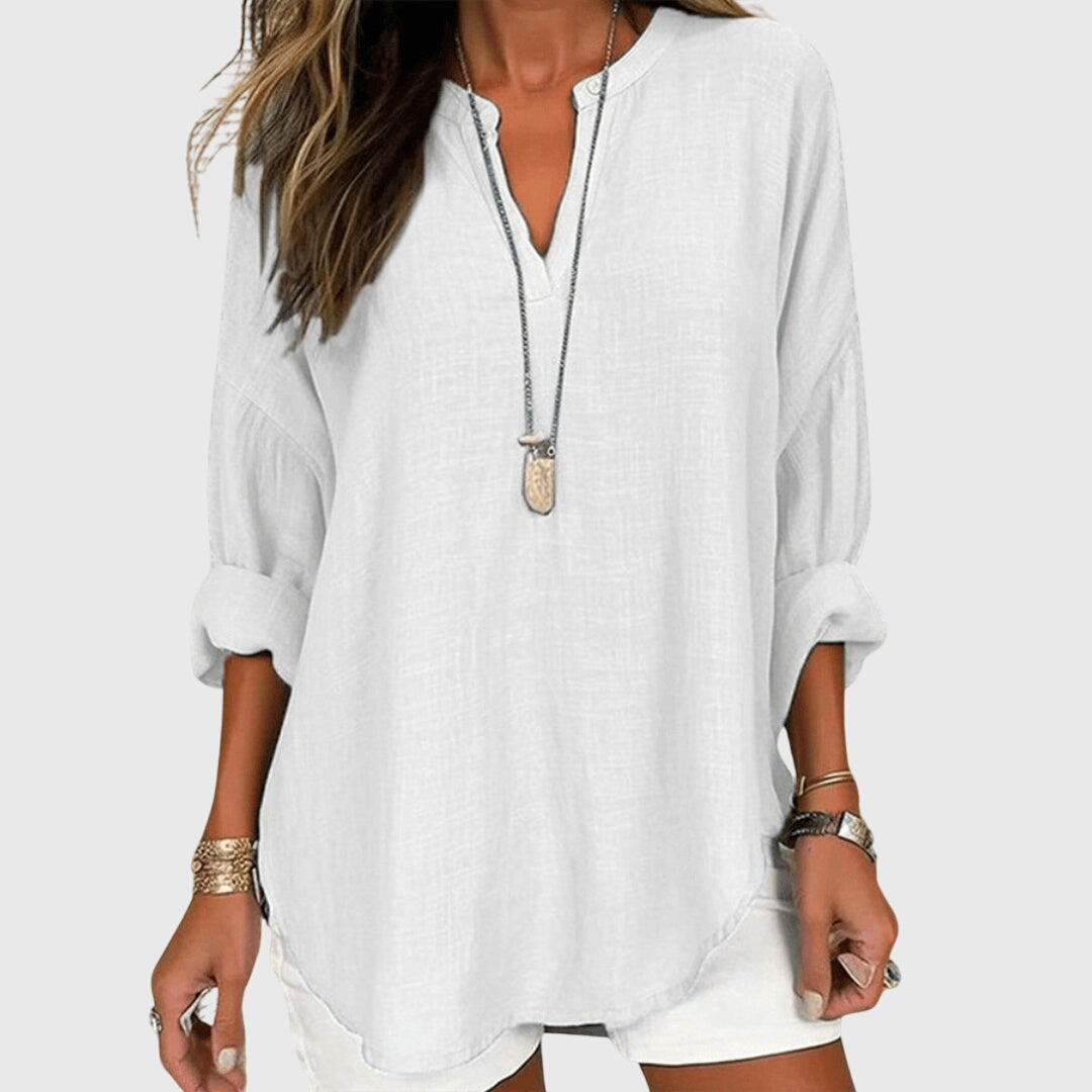 Ruth Hellblau Leinen-Look V-Ausschnitt Bluse für Damen | Lockere Fliessende Passform | Strand und Alltag - S-5XL