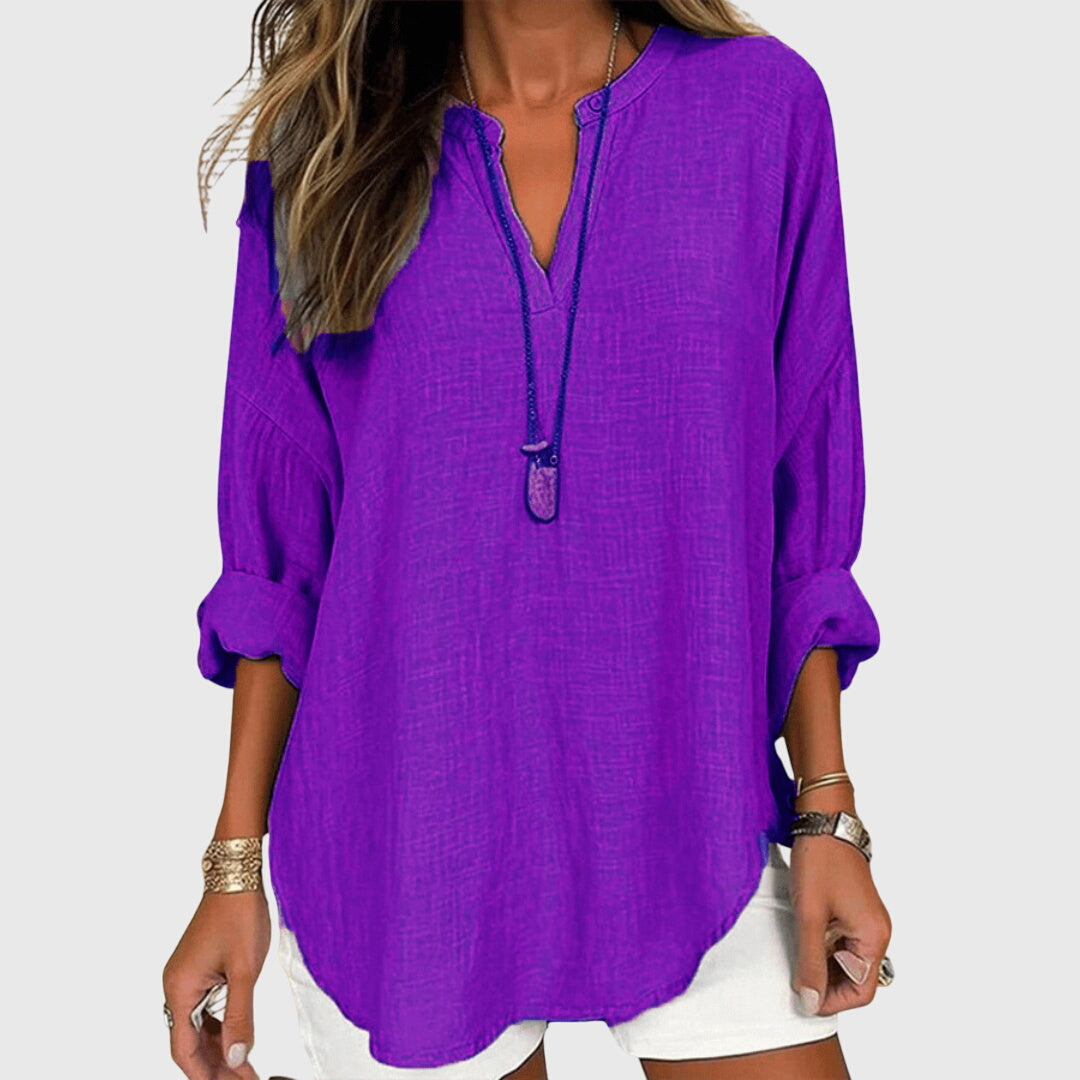 Ruth Hellblau Leinen-Look V-Ausschnitt Bluse für Damen | Lockere Fliessende Passform | Strand und Alltag - S-5XL