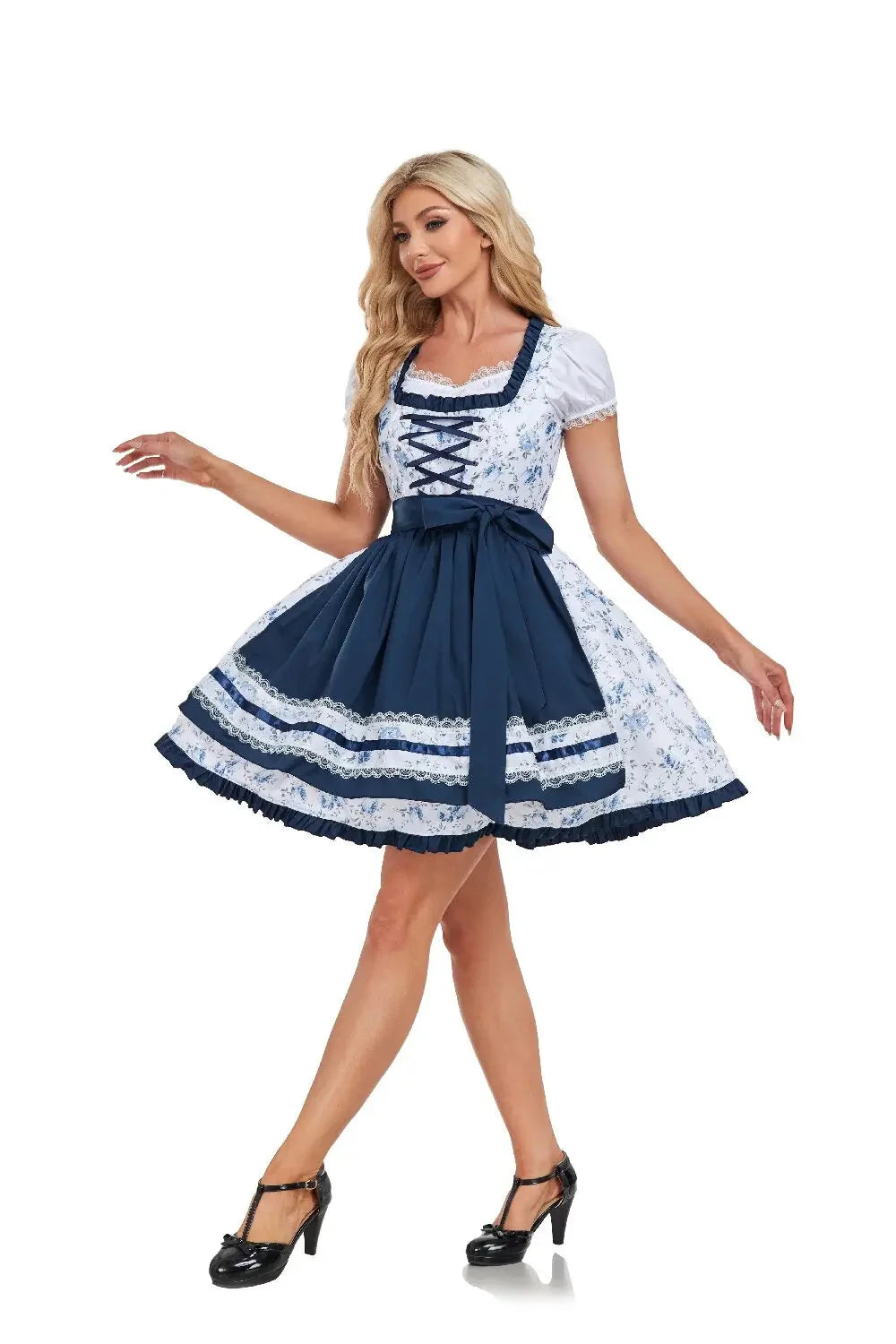 Vreni Dunkelblau Geblümtes Dirndlkleid für Damen mit Schürze | Oktoberfest Trachtenmode - S/M/L/XL
