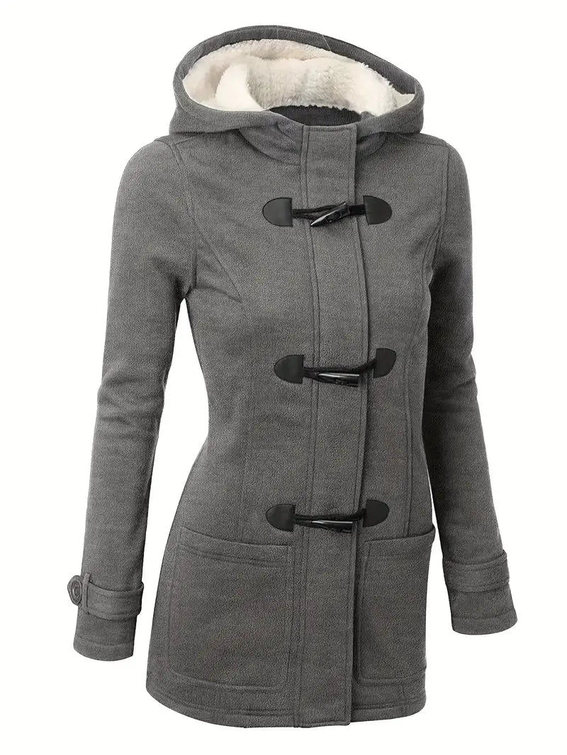 Monika Grün Isolierter Wintermantel mit Kapuze für Damen | Fleece-Innenfutter Knebelknöpfe Casual - S/M/L/XL/2XL/3XL