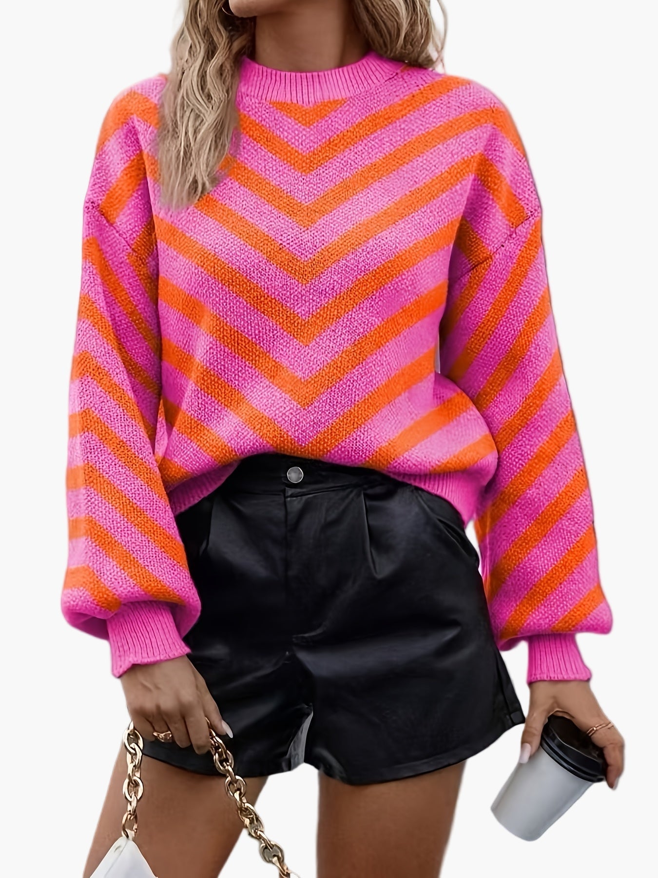 Eva Orangerot Oversized Zickzack-Strickpullover für Damen | Casual Herbst und Winter - S/M/L/XL