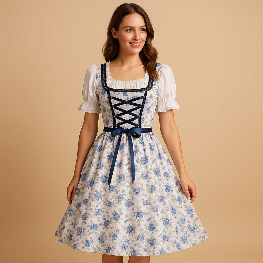 Gertrude Blau Geblümtes Dirndl mit Schürze für Damen | Oktoberfest Trachtenkleid Spitzenbesatz - S/M/L/XL