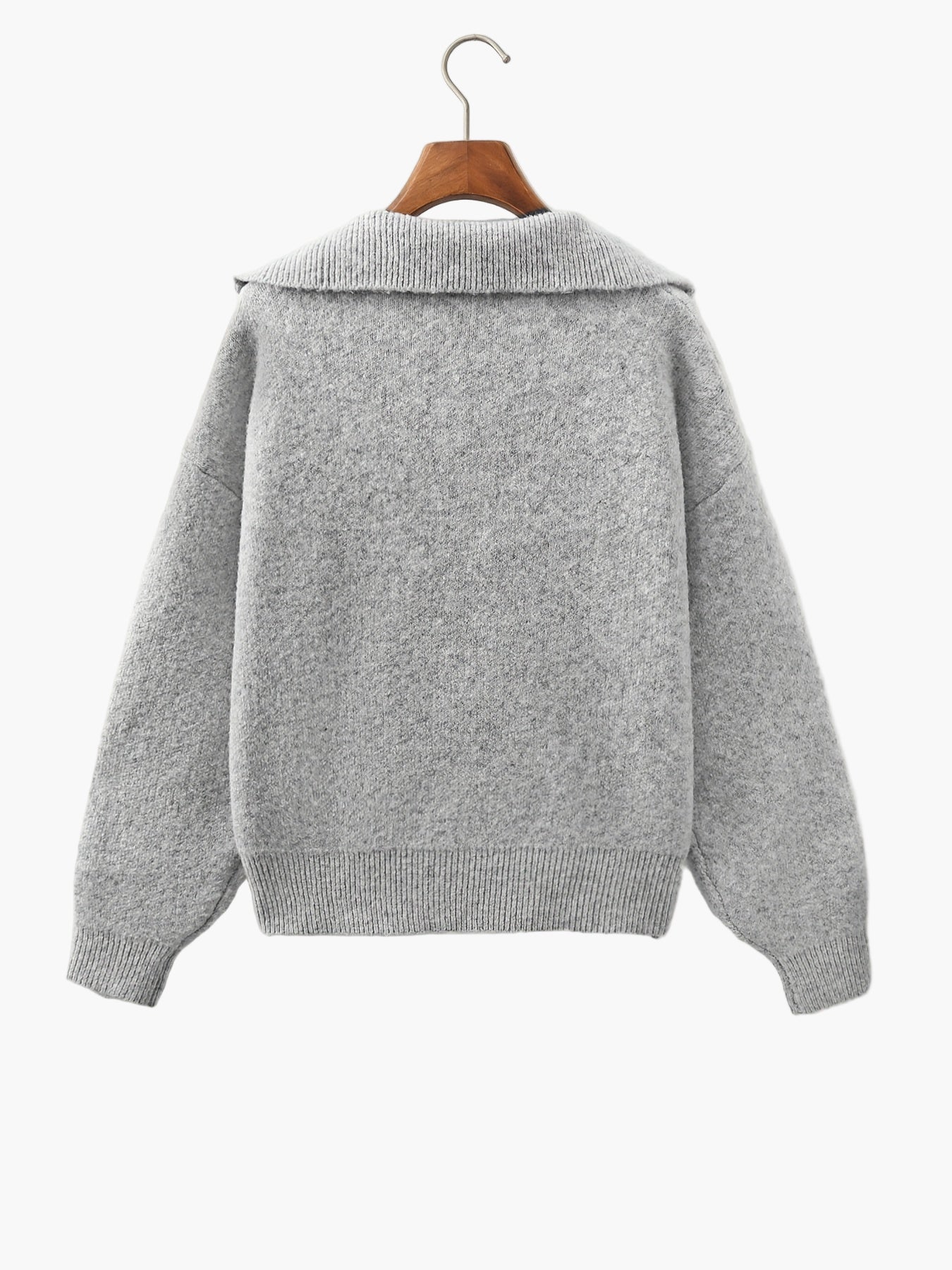 Verena Grau Oversized Strickpullover mit V-Ausschnitt und Kragen für Damen | Vintage Casual Herbst - S/M/L/XL/2XL