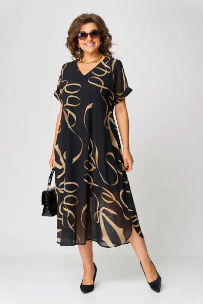 Rosemarie Schwarz Gold-Print Chiffon Midikleid für Damen | Fliessend Elegant | Curvy Plus Size - S/M/L/XL/2XL