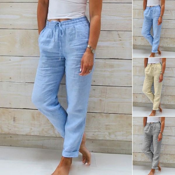 Elsbeth Blau Leinen Straight-Leg Hose für Damen | Elastischer Kordelzugbund | Sommer Alltag - S-5XL