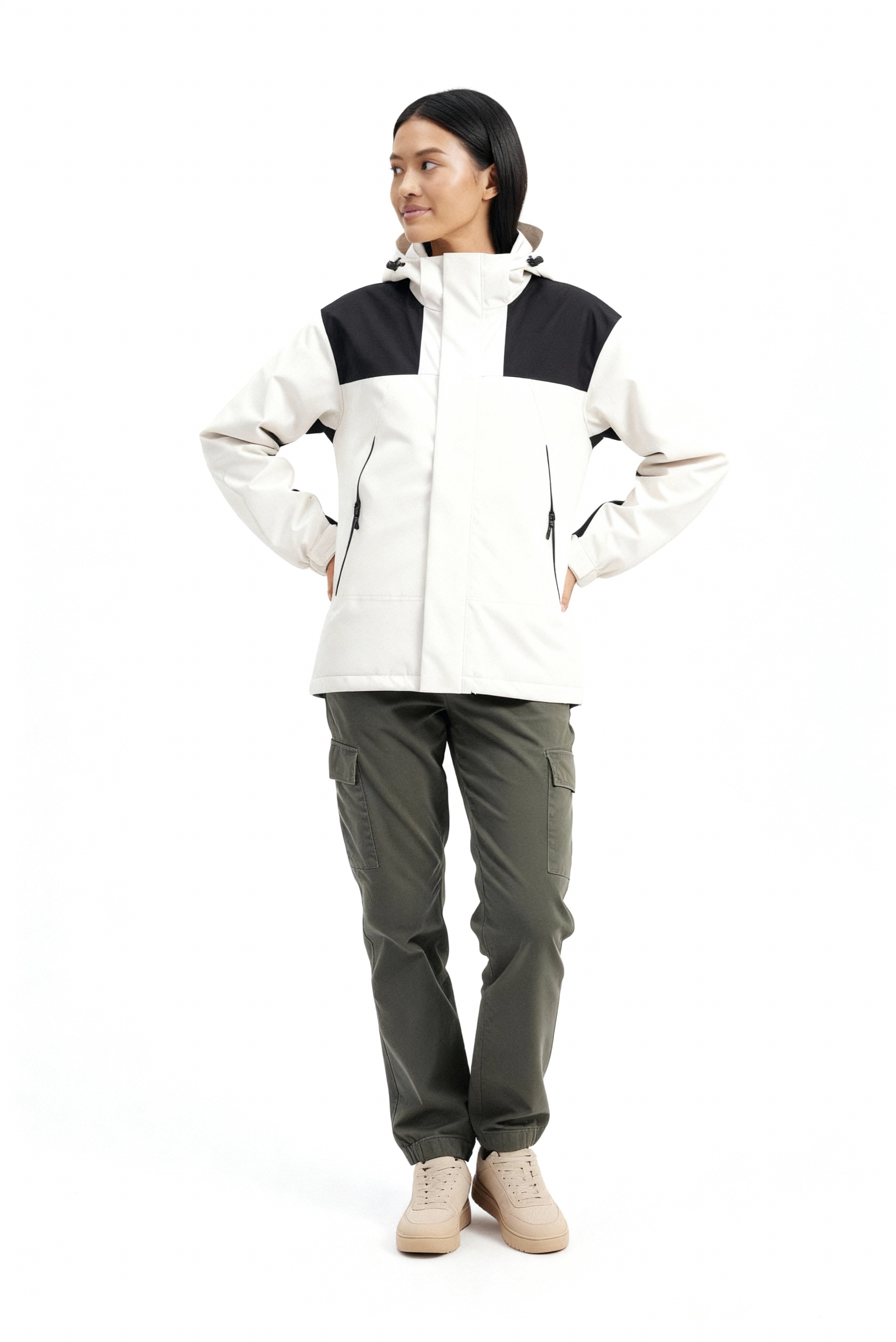 Monika Elfenbeinweiss 3-in-1 Fleece-Winterjacke mit Kapuze für Damen | Colourblock Outdoor Winter - XS/S/M/L/XL/2XL