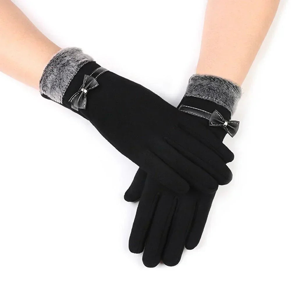 Erika Schwarz Touchscreen-Handschuhe mit Kunstfell-Besatz für Damen | Warme Winterhandschuhe Casual - Einheitsgrösse