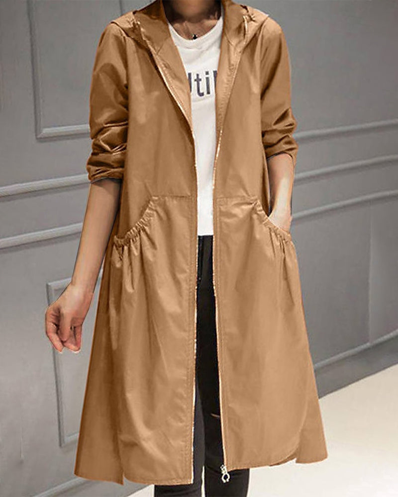 Xenia Khaki Langer Trenchcoat mit Kapuze für Damen | Wasserdicht Herbst Winter Casual - M/L/XL/2XL/3XL