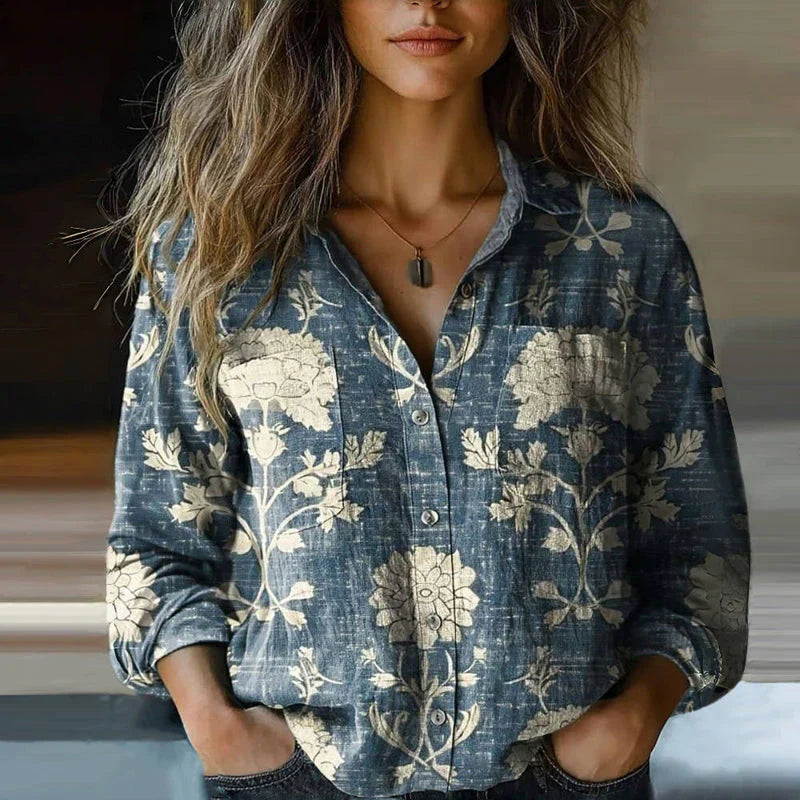 Vreni Rote Vintage-Print Langarm Damenbluse | Lockere Passform Boho-Stil | Freizeit und Reisen - S-3XL