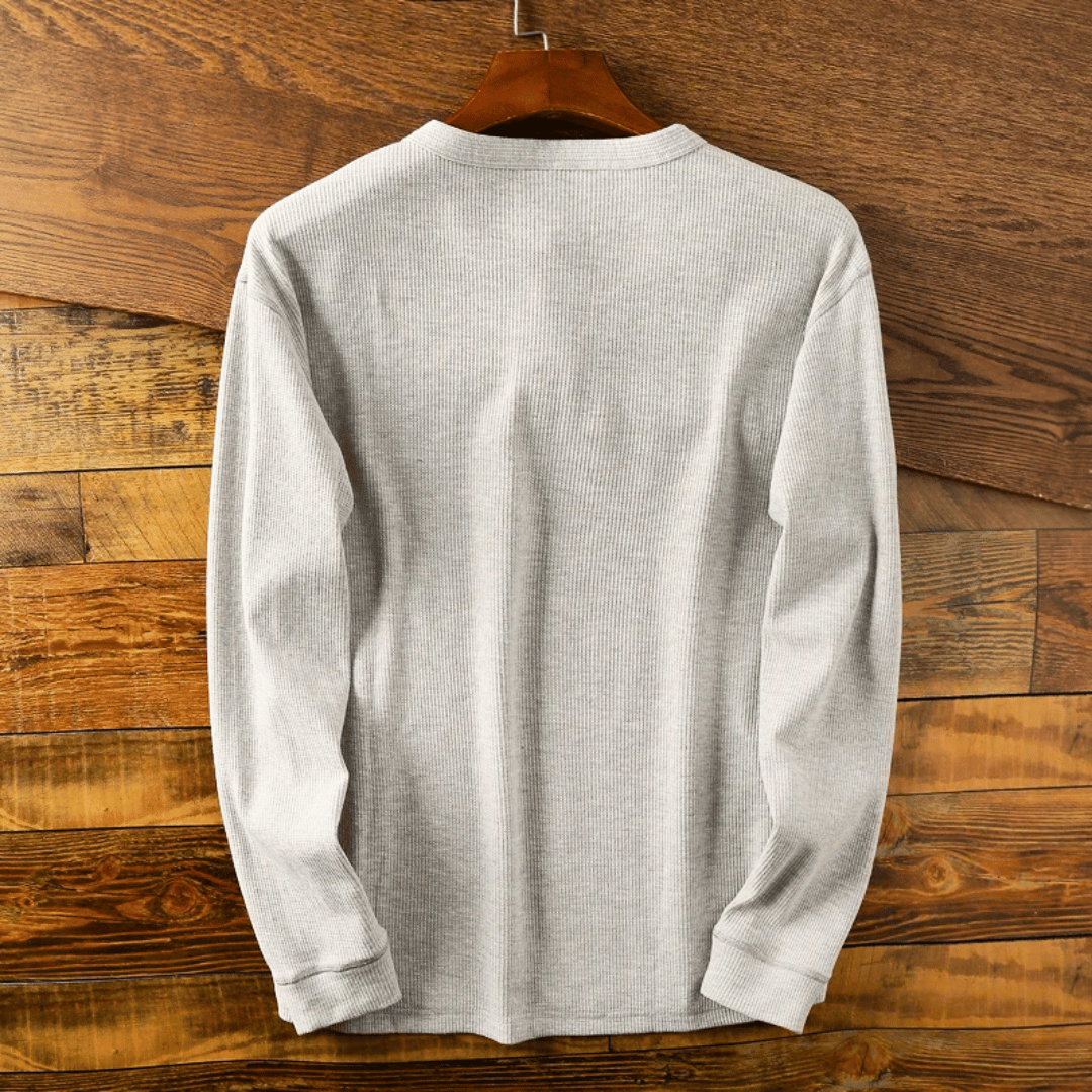 Werner Grau Geripptes Langarm-Henley-Shirt für Herren | Entspannter Komfort | Alltag & Freizeit - S/M/L/XL/2XL