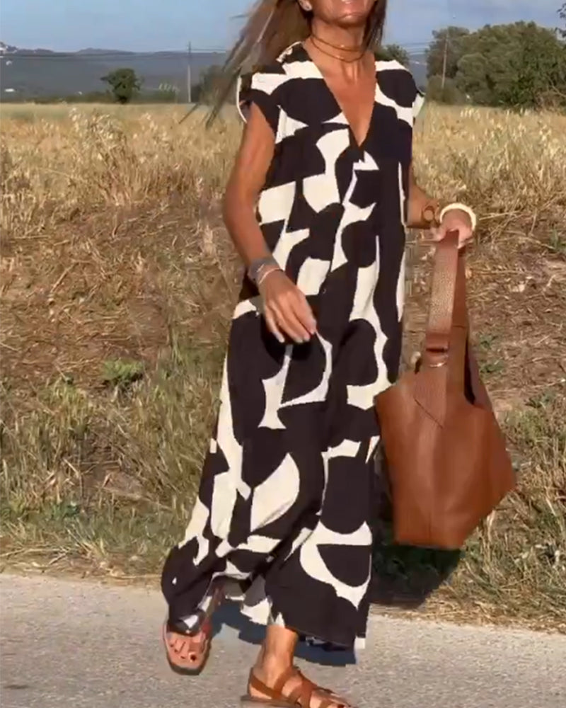 Monika Schwarz-Weiß Abstrakt-Print V-Ausschnitt Maxikleid für Damen | Leichte Fliessende Passform | Sommerkleid - S/M/L/XL/2XL/3XL