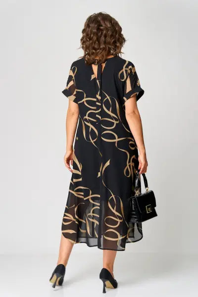Rosemarie Schwarz Gold-Print Chiffon Midikleid für Damen | Fliessend Elegant | Curvy Plus Size - S/M/L/XL/2XL