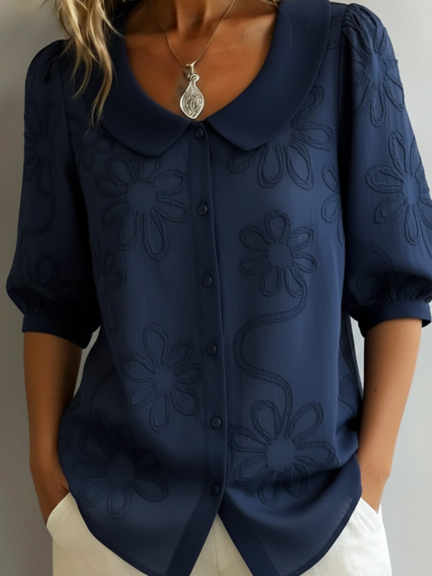 Monika Gelb Blumenbestickter Peter-Pan-Kragen Kurzarm Bluse für Damen | Leichter Femininer Fit | Alltag und Brunch - S/M/L/XL/2XL/3XL