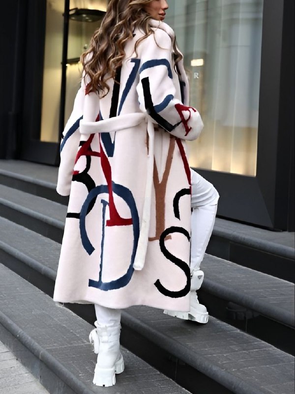 Annemarie Weiss Langer Buchstabendruck Oversized Wintermantel für Damen | Sherpa-Besatz Street Stil - S/M/L/XL/2XL/3XL