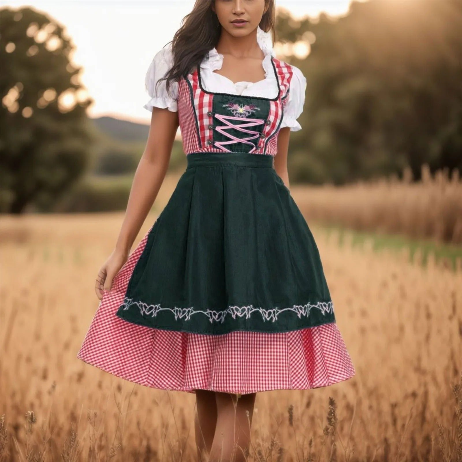 Bettina Grün Kariertes Dirndl mit Schürze und Schnürleibchen für Damen | Trachtenkleid Oktoberfest - S/M/L/XL/2XL