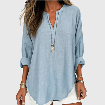 Ruth Hellblau Leinen-Look V-Ausschnitt Bluse für Damen | Lockere Fliessende Passform | Strand und Alltag - S-5XL