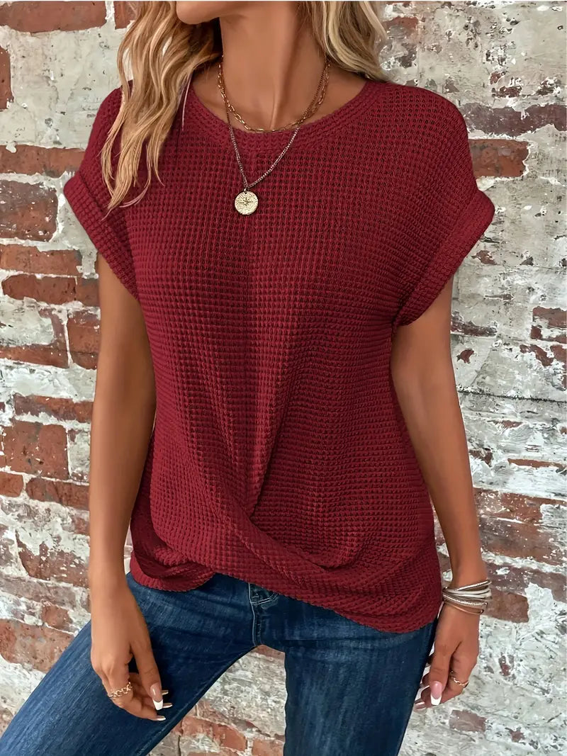 Monika Blau Waffelstrick-Top mit gerollten Ärmeln für Damen | Lässig-elegante Passform | Alltag & Freizeit - XS/S/M/L/XL/2XL
