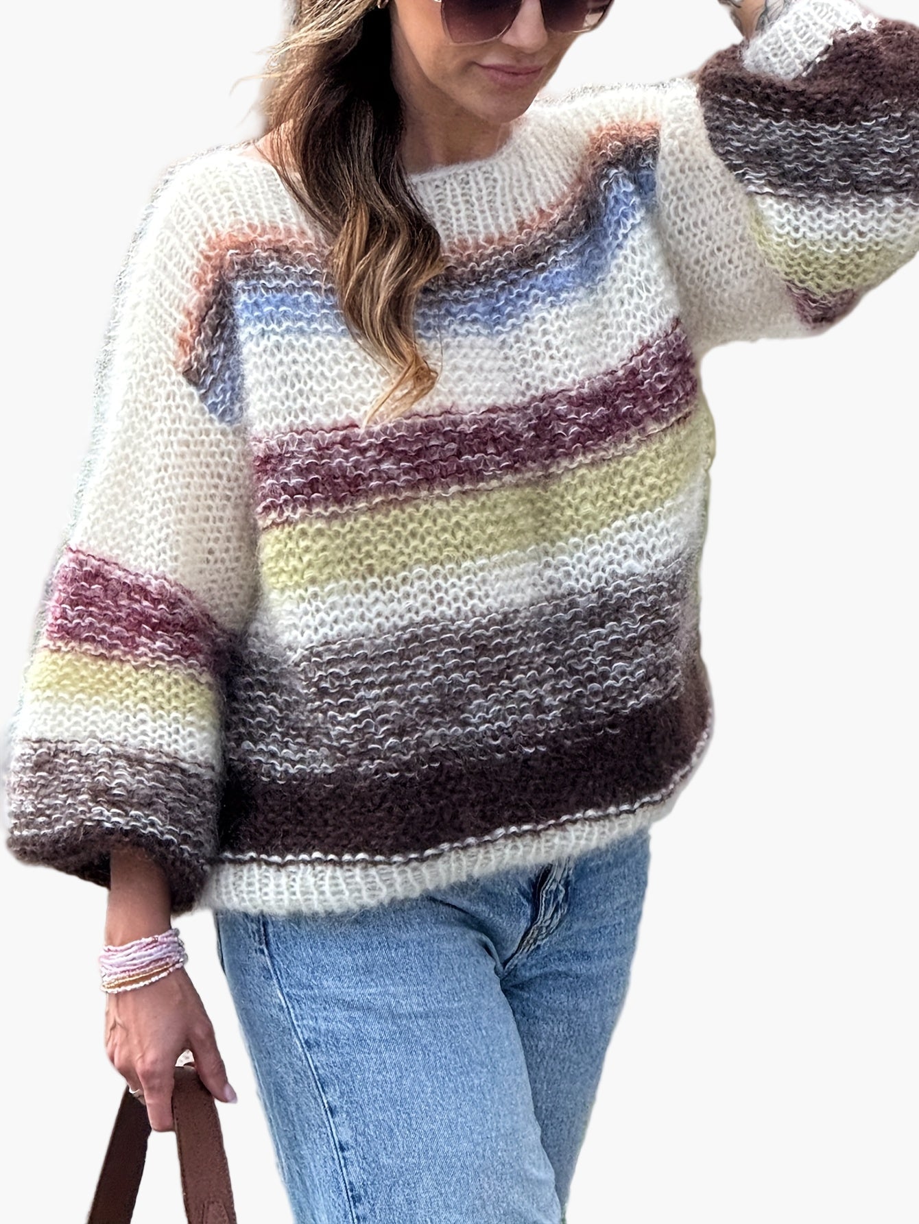 Nora Mehrfarbig Gestreifter Oversized Strickpullover für Damen | Herbst Winter Casual Stil - S/M/L
