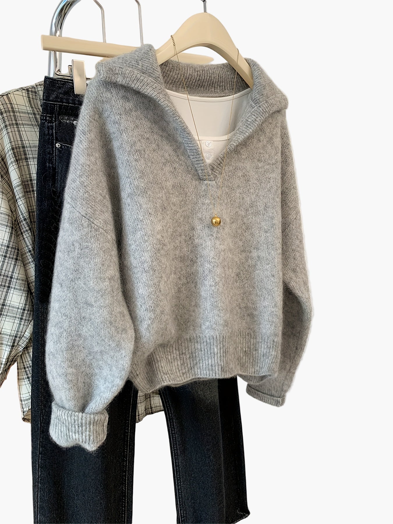 Verena Grau Oversized Strickpullover mit V-Ausschnitt und Kragen für Damen | Vintage Casual Herbst - S/M/L/XL/2XL