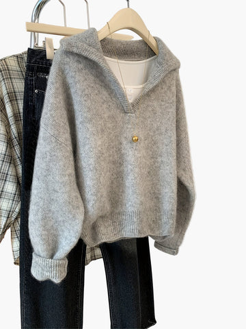 Verena Grau Oversized Strickpullover mit V-Ausschnitt und Kragen für Damen | Vintage Casual Herbst - S/M/L/XL/2XL