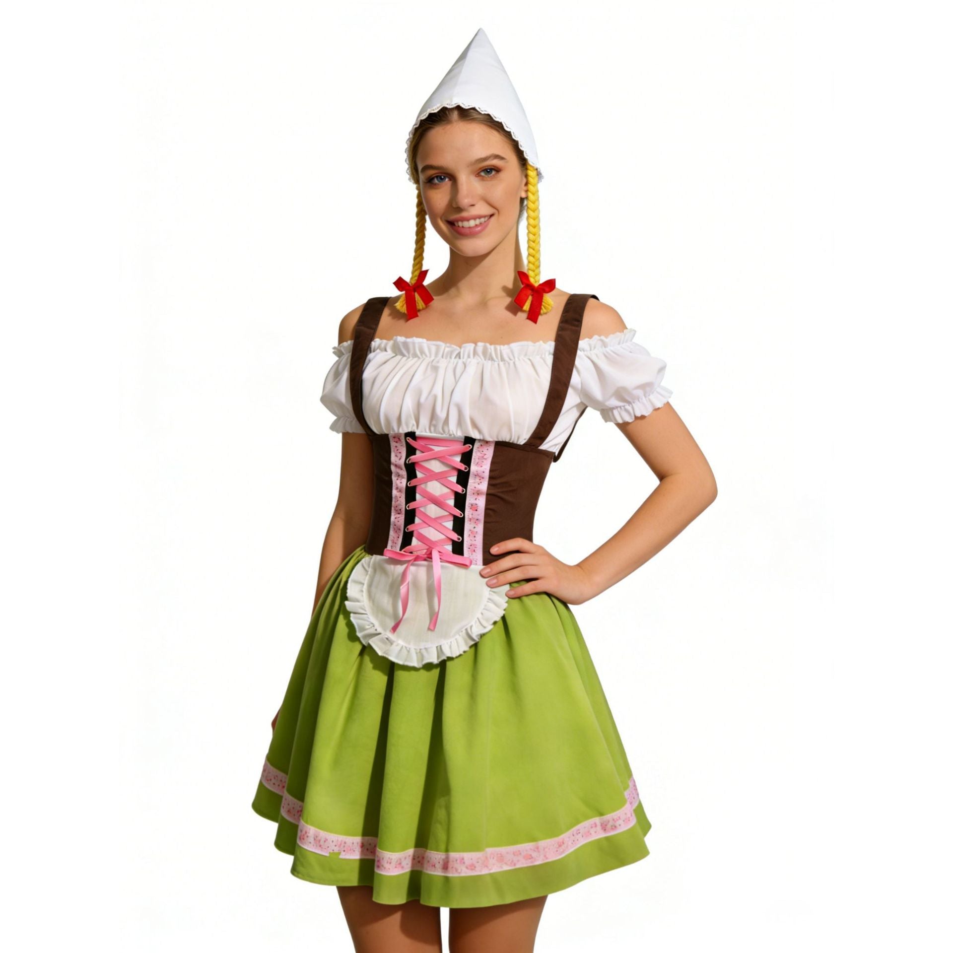 Vreni Grün Schulterfreies Dirndl Kostüm mit Schürze und Mütze für Damen | Oktoberfest Volksfest - S/M/L/XL/2XL/3XL