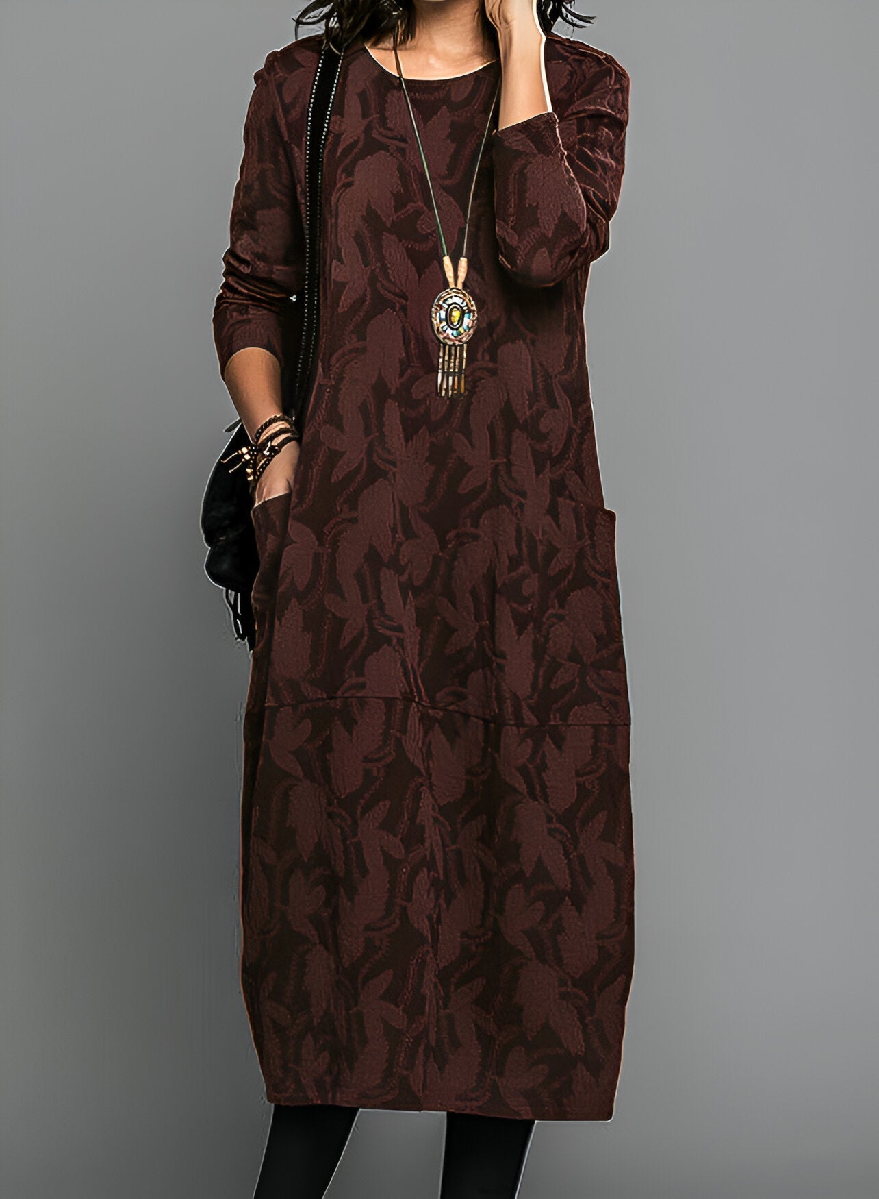 Monika Grün Blattmuster Jacquard Midi Kleid für Damen | Entspannter Komfort Herbst-Winter | Alltag & Abend - S-5XL