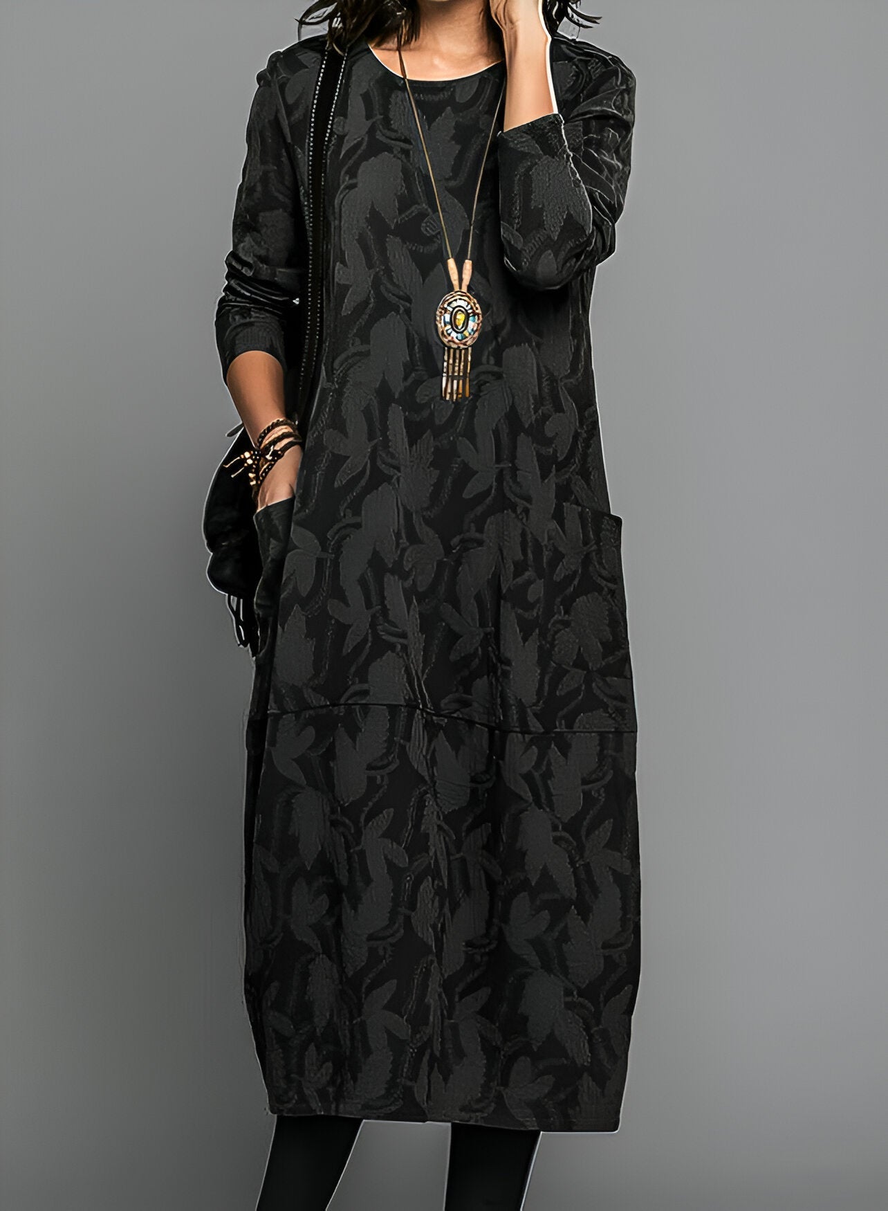 Monika Grün Blattmuster Jacquard Midi Kleid für Damen | Entspannter Komfort Herbst-Winter | Alltag & Abend - S-5XL