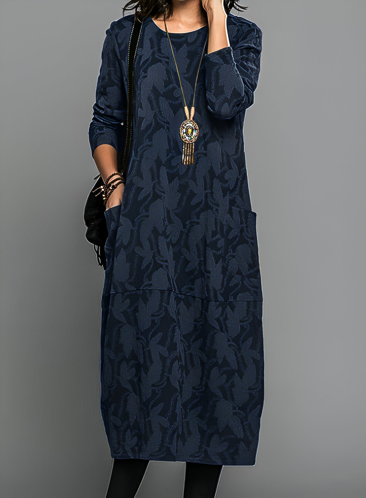 Monika Grün Blattmuster Jacquard Midi Kleid für Damen | Entspannter Komfort Herbst-Winter | Alltag & Abend - S-5XL