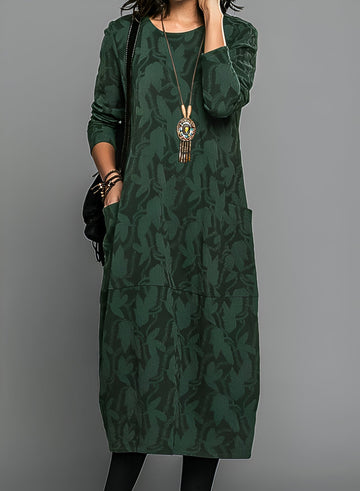 Monika Grün Blattmuster Jacquard Midi Kleid für Damen | Entspannter Komfort Herbst-Winter | Alltag & Abend - S-5XL
