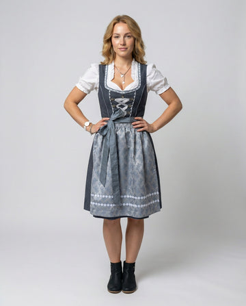 Wilhelmine Grau-Blau Midi Dirndl 3-teilig für Damen | Trachtenkleid Oktoberfest Stickerei - XS/S/M/L/XL/2XL/3XL/4XL
