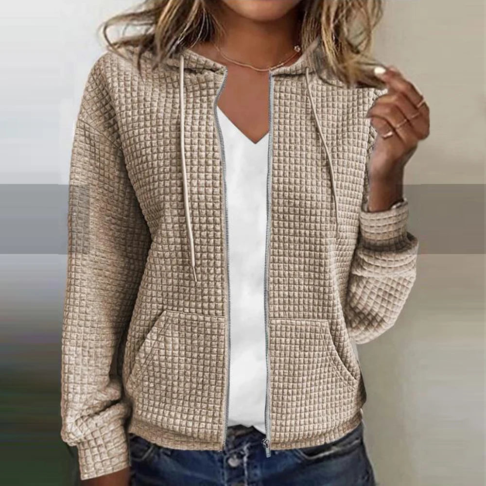 Heinz Schwarz Waffelstruktur Kapuzen-Sweatshirt mit Reissverschluss für Damen | Casual Freizeit - S/M/L/XL/2XL