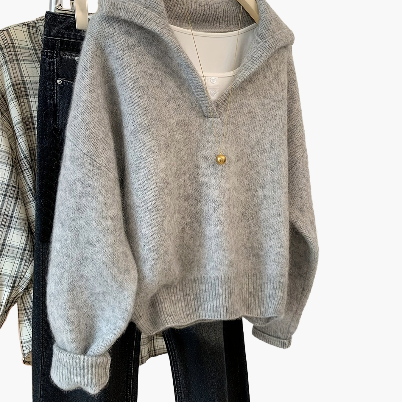 Verena Grau Oversized Strickpullover mit V-Ausschnitt und Kragen für Damen | Vintage Casual Herbst - S/M/L/XL/2XL