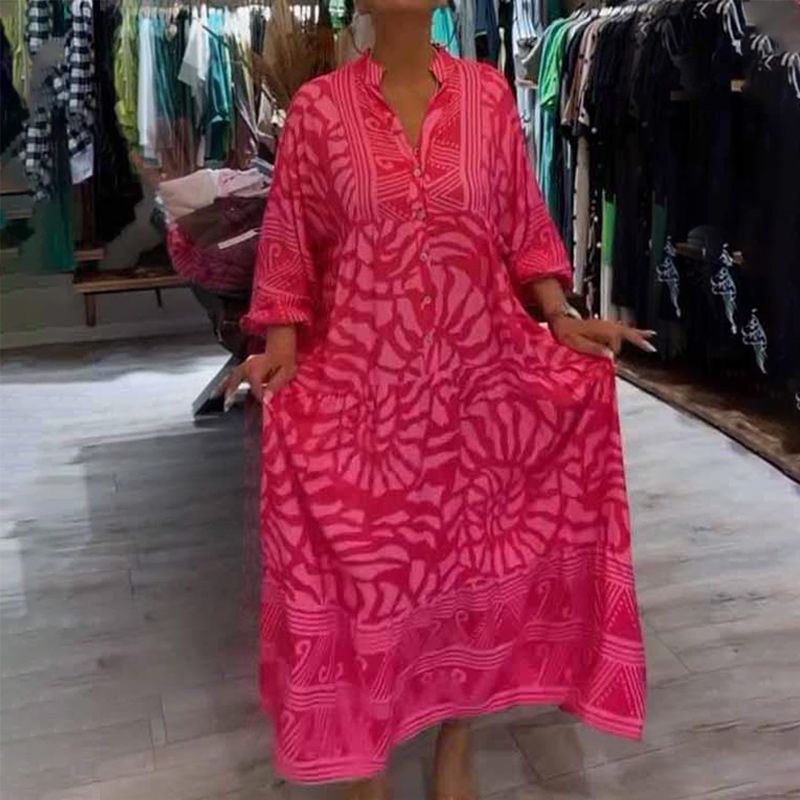 Monika Rosa Grafik-Print Maxikleid für Damen | Fliessende Weite Passform | Alltag & Urlaub - S-3XL