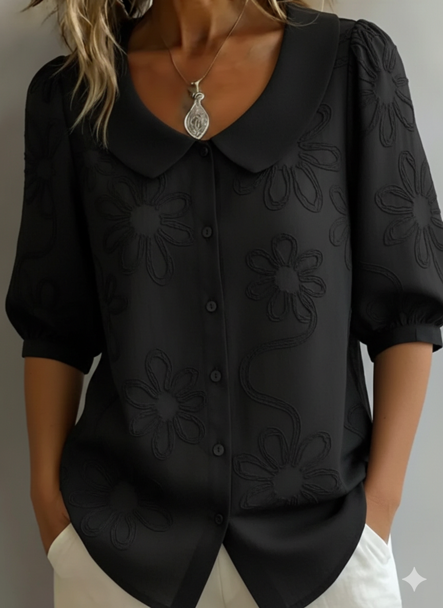 Monika Gelb Blumenbestickter Peter-Pan-Kragen Kurzarm Bluse für Damen | Leichter Femininer Fit | Alltag und Brunch - S/M/L/XL/2XL/3XL
