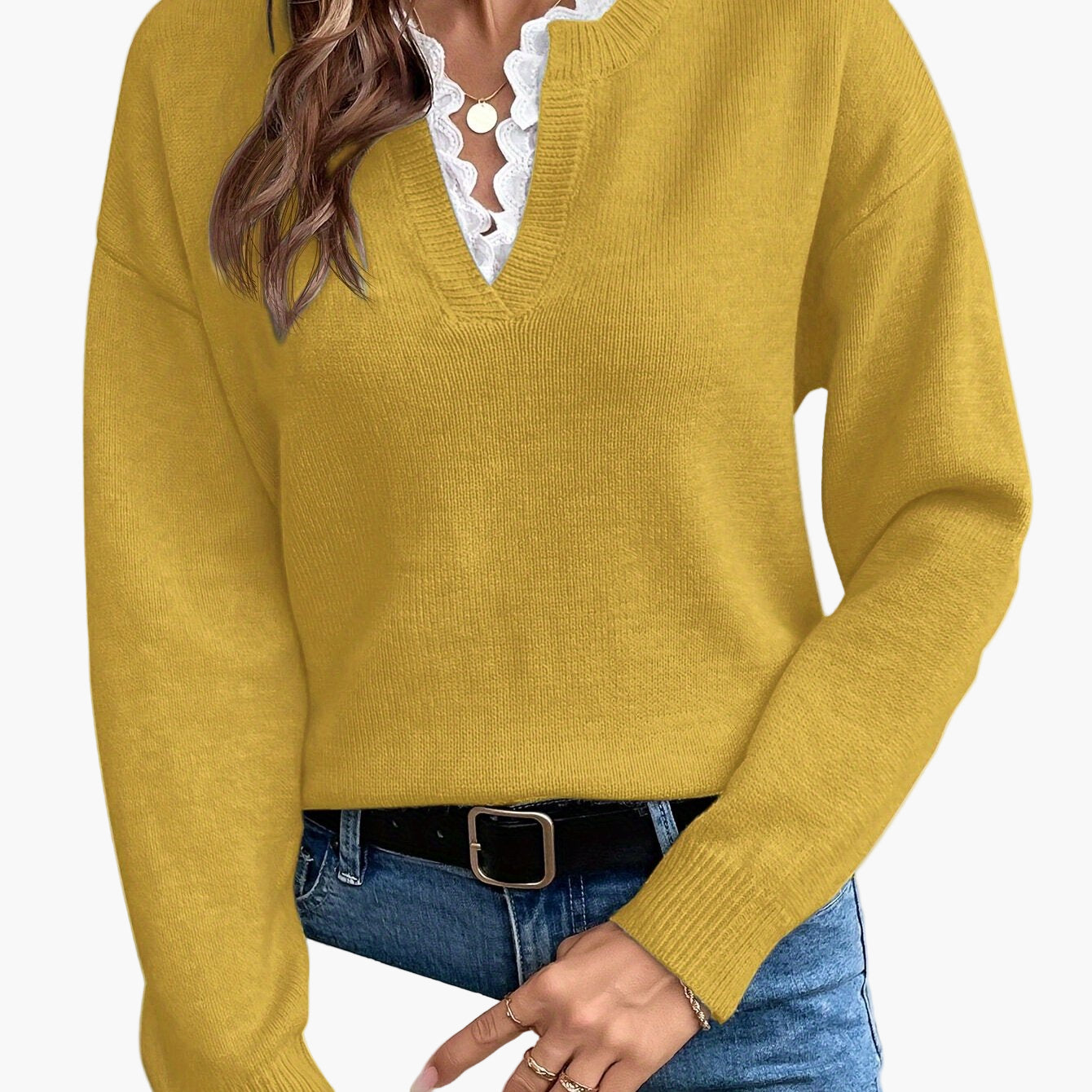 Renate Rosa Eleganter Strickpullover mit V-Ausschnitt und Spitzenbesatz für Damen | Herbst Winter Casual - XS/S/M/L/XL/XXL