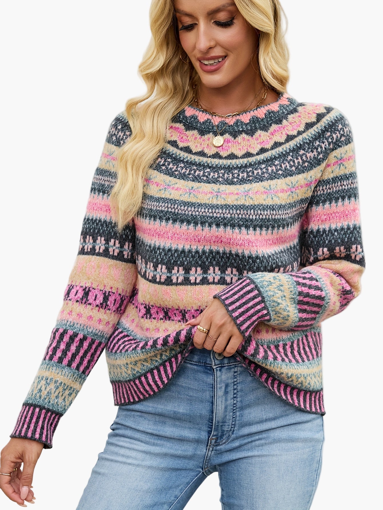 Hannelore Dunkelgrau Fair Isle Gemusterter Strickpullover für Damen | Rundhals Herbst Winter Casual - S/M/L/XL