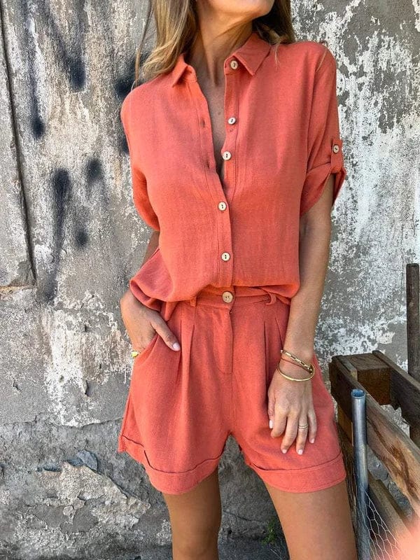 Claudia Weiss Leinenhemd und Shorts Set für Damen | Luftig Lässiger Sommerstil | Urlaub und Alltag | Atmungsaktives Leinen - S-5XL